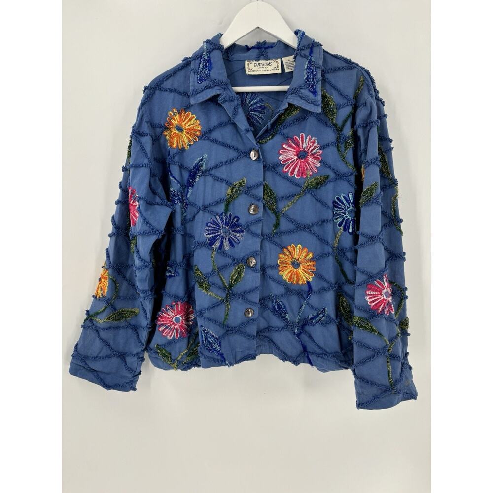 Tantrums Jacket Womens XL Blue Floral Vintage Embroidered Flower Button Collared